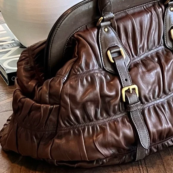 PRADA Nappa Gaufre Ruched Frame Large Bag Brown Soft Leather Tote Purse - Picture 6 of 16